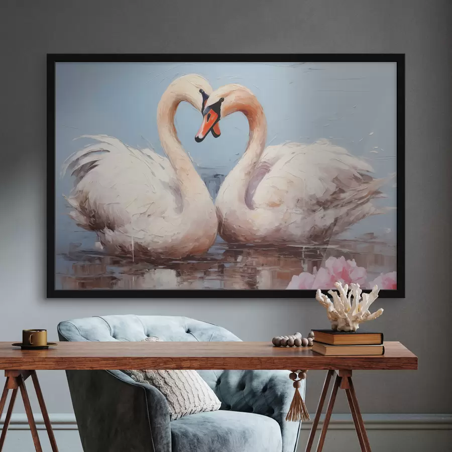 Fototapetes Balto gulbju pāris uz dīķa, eļļas glezna f39572