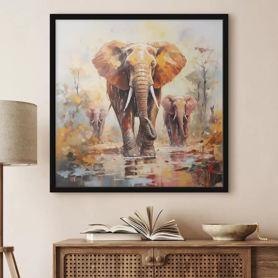 Fototapetes Ziloņu ganāmpulks starp savannā, eļļas glezna, abstraktā māksla f39573