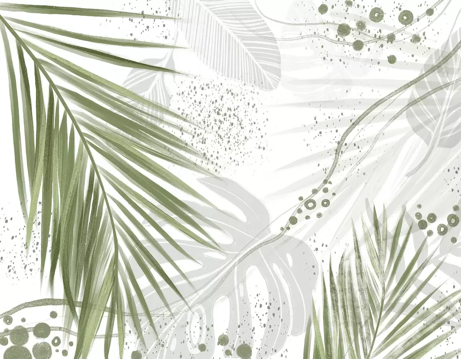 Fototapetes Tropiski zaļas palmas lapas un plaukstas ar abstraktām formām un šļakatām zaļos un baltos toņos w07918