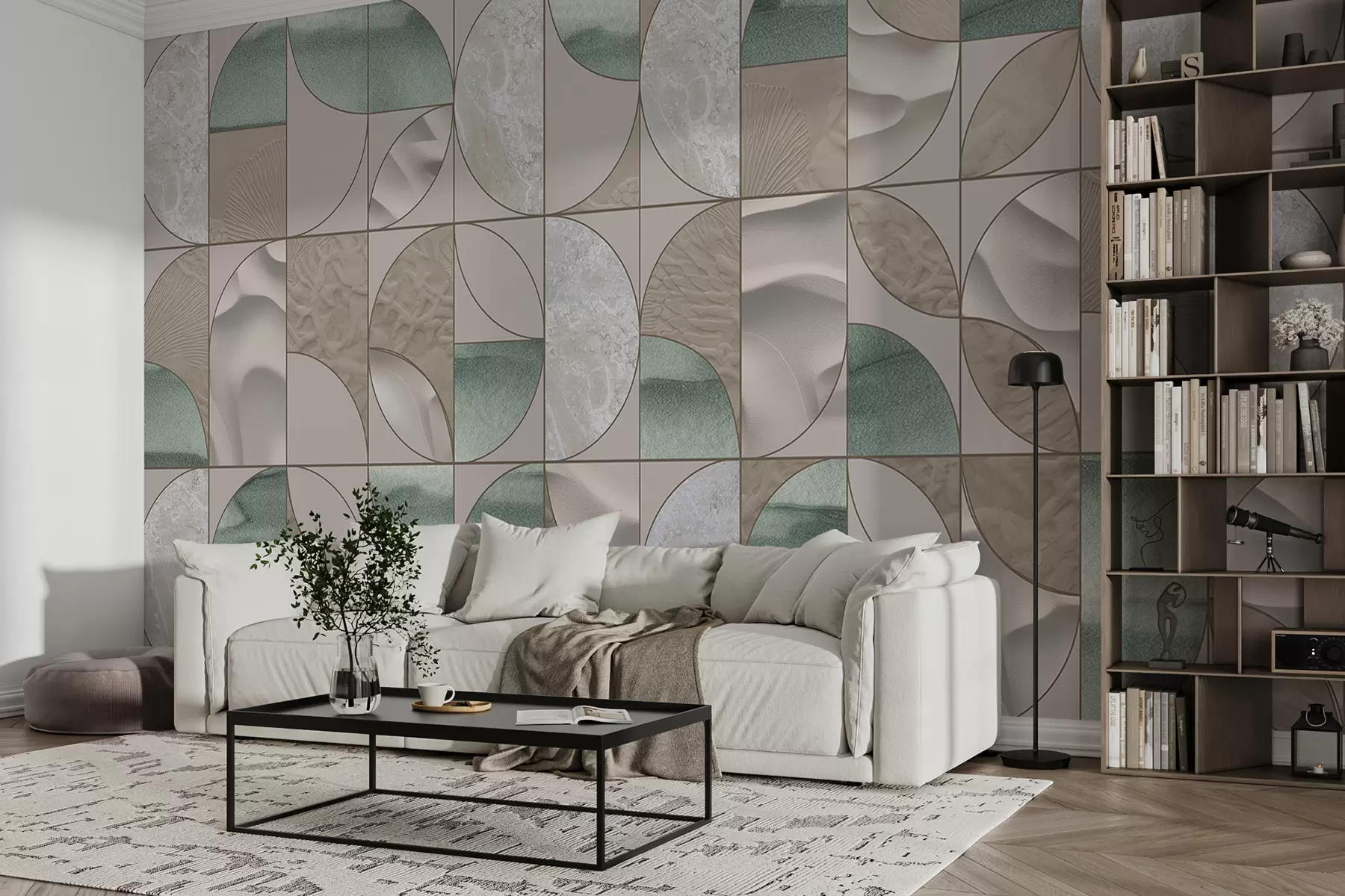 Fototapetes Ģeometrisks zaļas, smilškrāsas un baltas tekstūras raksts, kas sakārtots atkārtotā abstraktā dizainā w07928