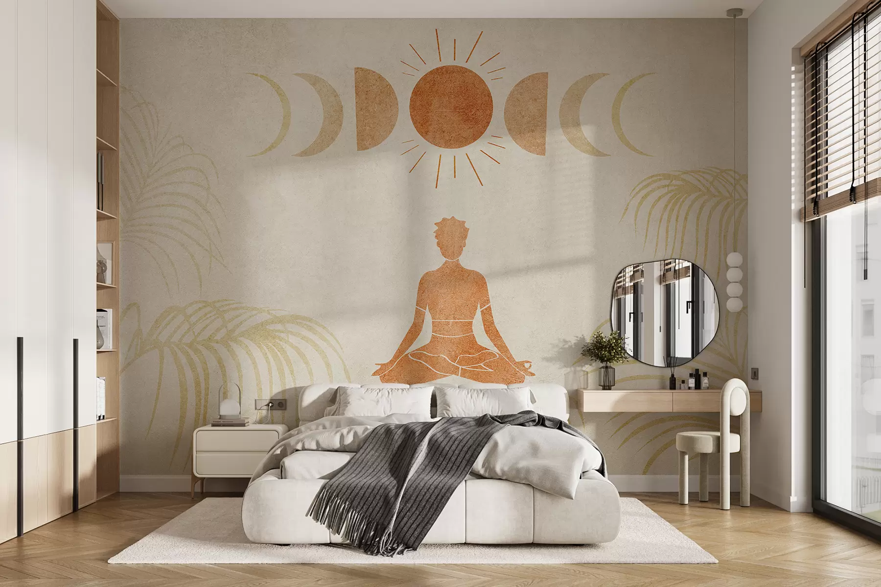 Fototapetes Meitene sēž lotosa pozā zem mēness fāzēm starp palmu lapām, tekstūru, oranžu krāsu, jogu w07970