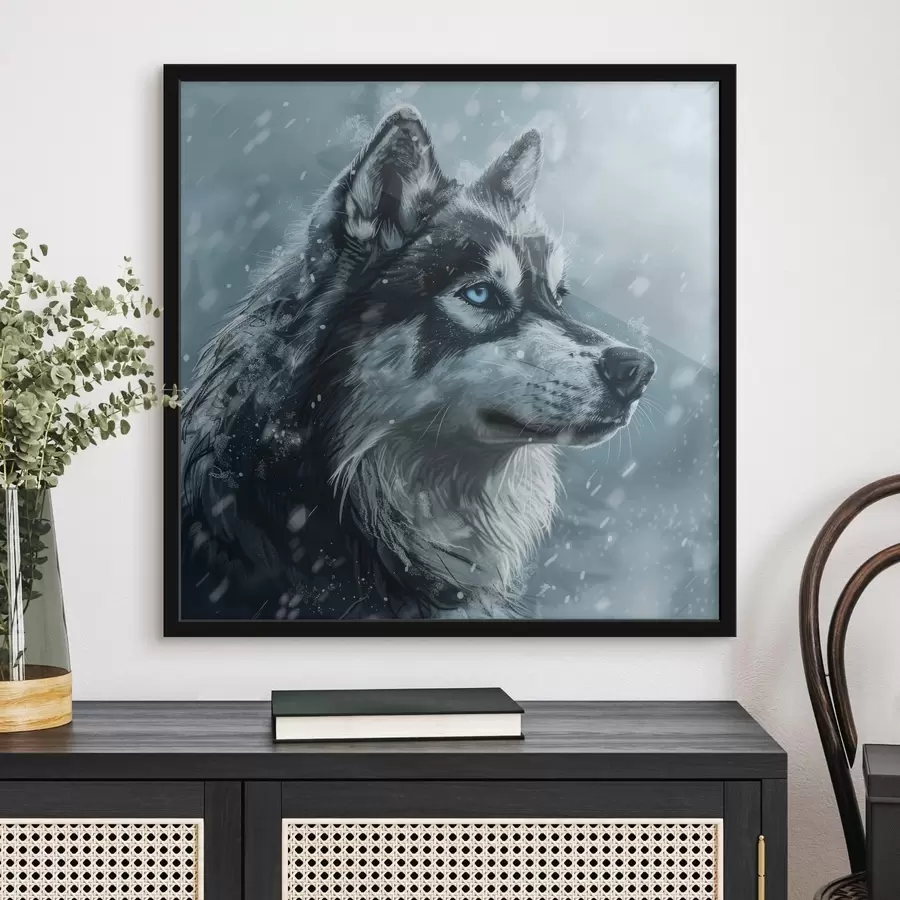 Fototapetes Husky ar zilām acīm uz ziemas zila fona f39462