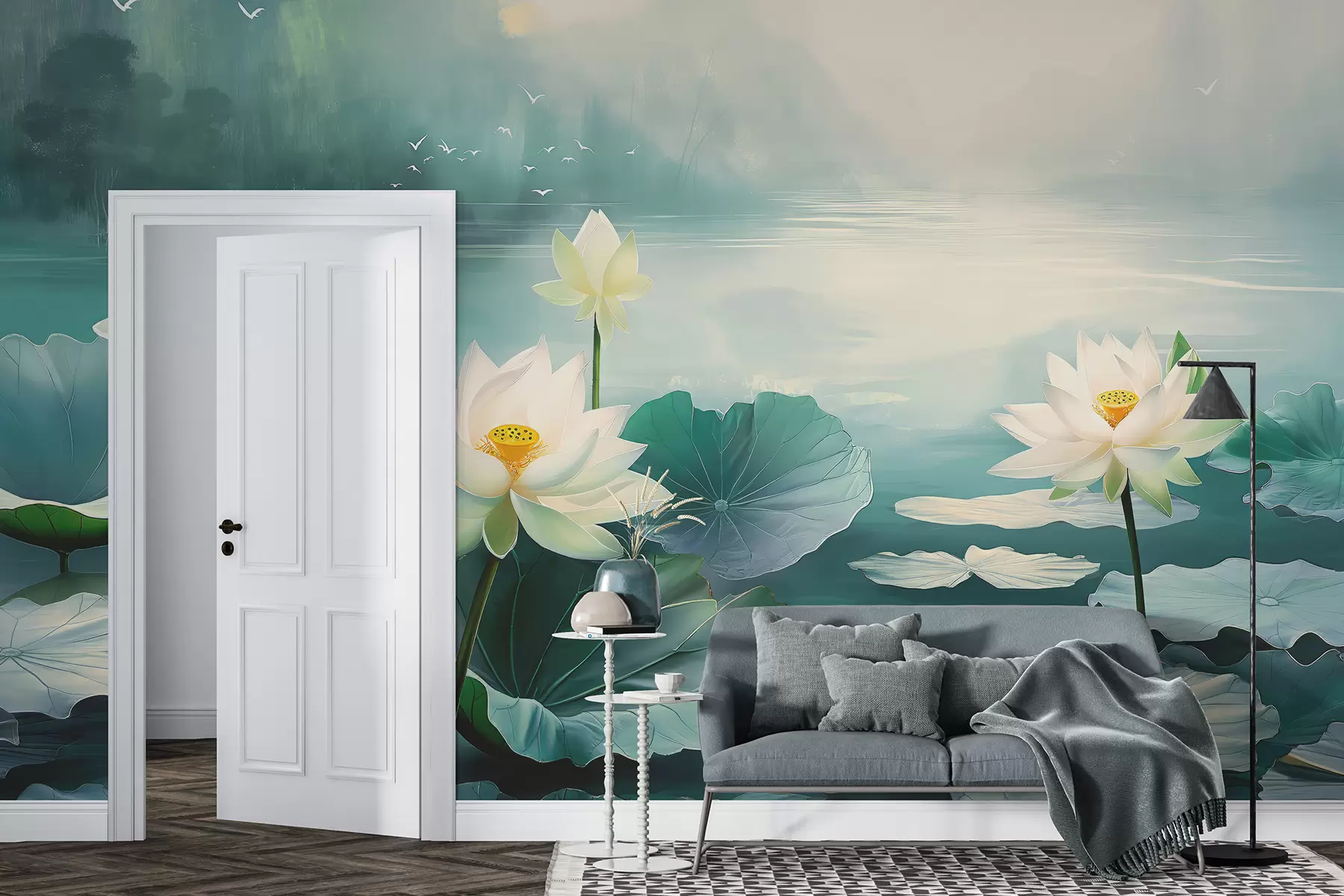 Fototapetes Ūdensrozes uz ezera, akrila zīmējums, daba, zaļas un zilas krāsas w07958v1