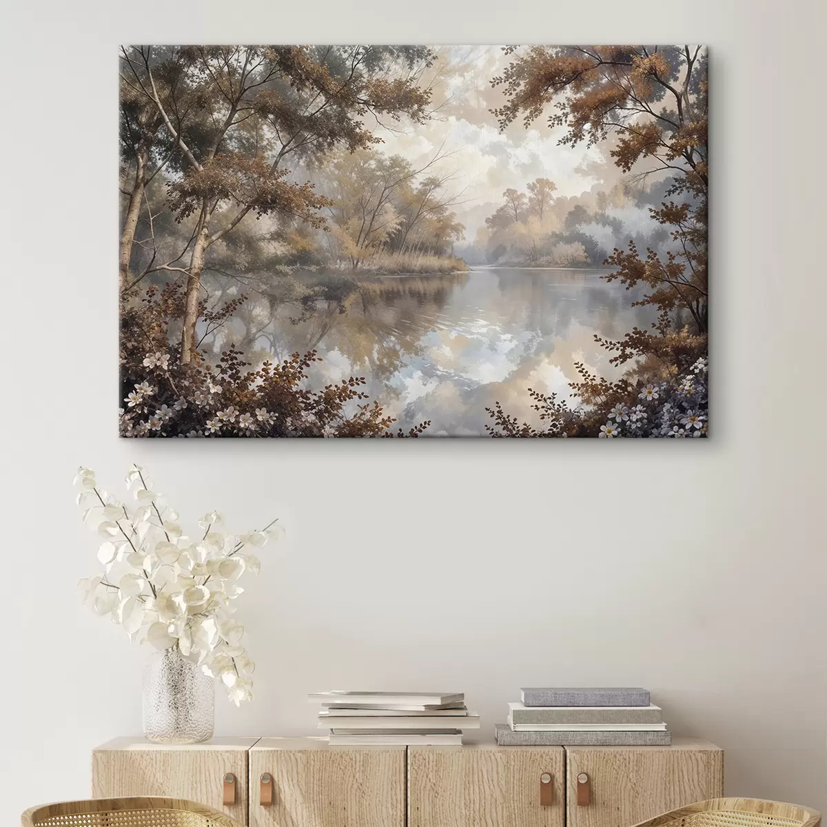 Glezna Rudens ainava ar mierīgu ezeru, ko ieskauj koki ar košiem oranžiem un dzelteniem zaļumiem s39511