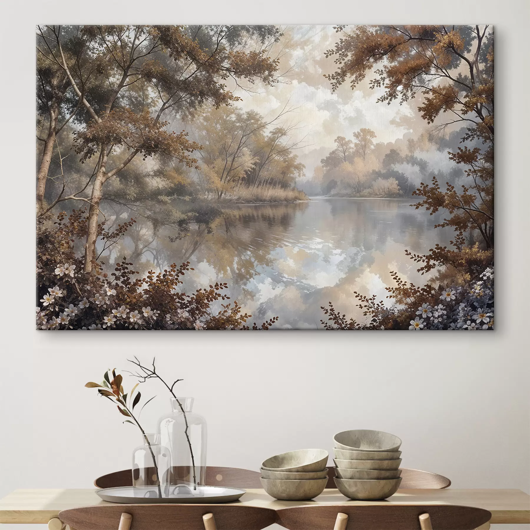 Fototapetes Rudens ainava ar mierīgu ezeru, ko ieskauj koki ar košiem oranžiem un dzelteniem zaļumiem s39511