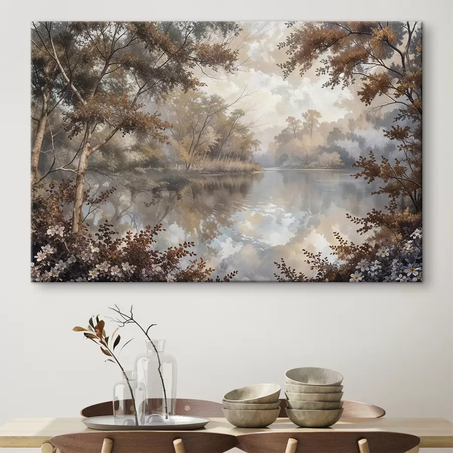 Glezna Rudens ainava ar mierīgu ezeru, ko ieskauj koki ar košiem oranžiem un dzelteniem zaļumiem s39511