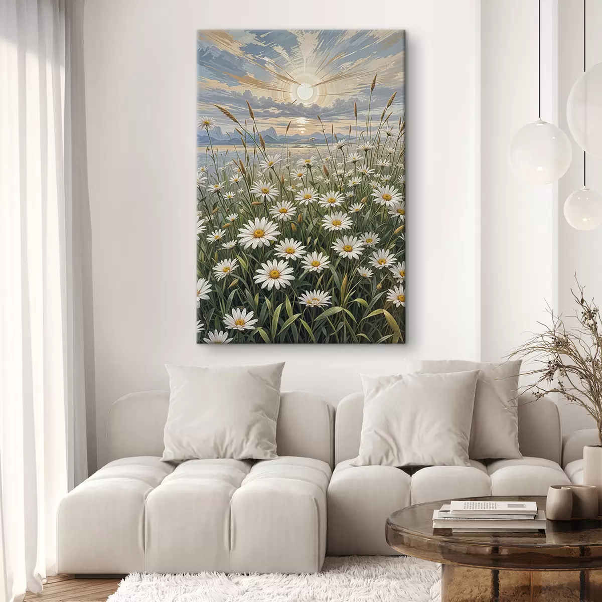 Glezna Priekšplānā baltu margrietiņu ziedu lauks ar kalnu ainavu un mākoņainām debesīm  s39528