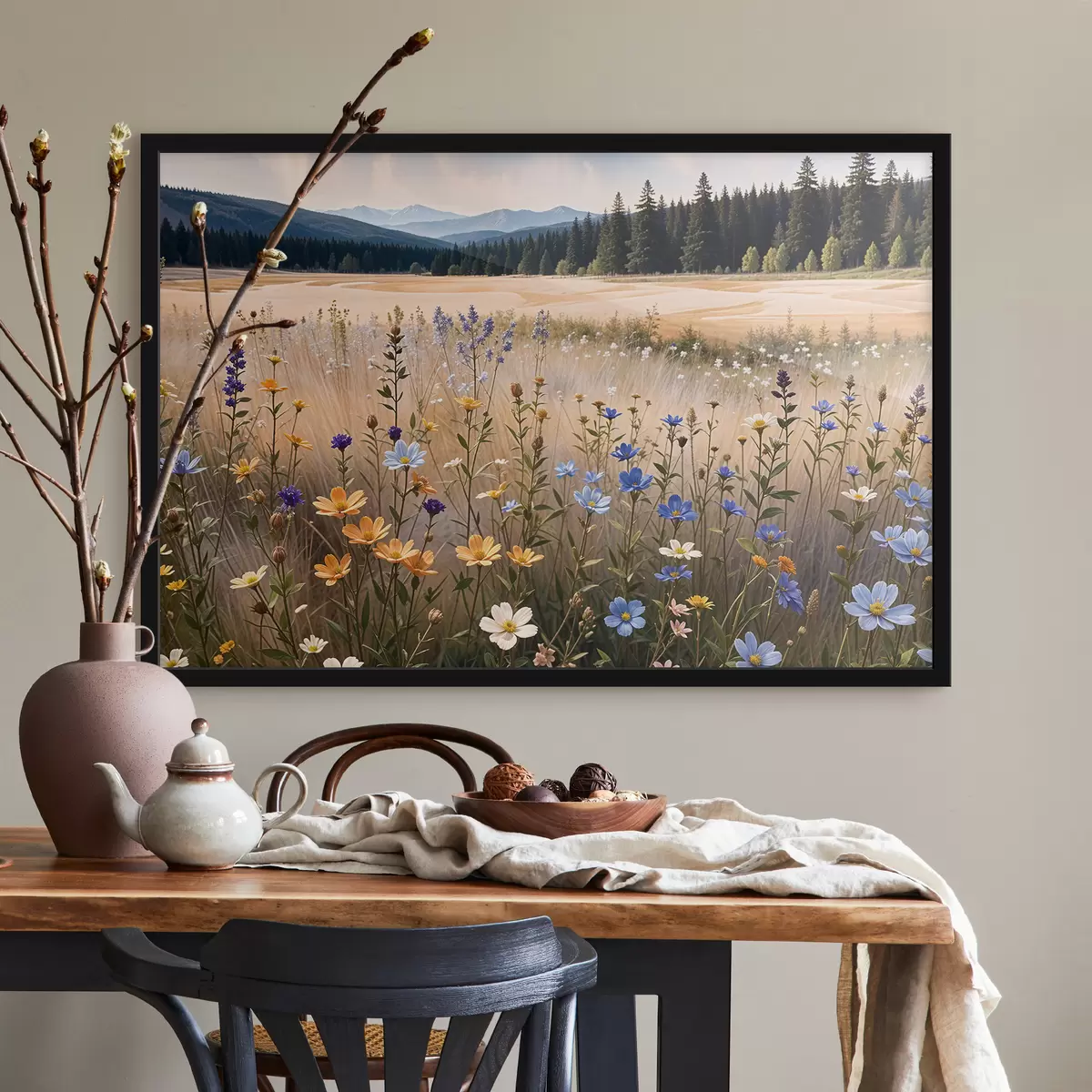 Plakāts Priekšplānā krāsainu savvaļas ziedu lauks ar ezeru un kalniem fonā f39502