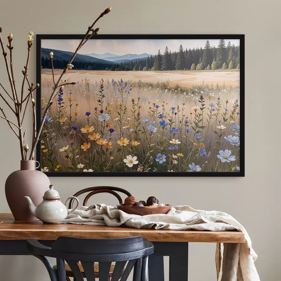 Fototapetes Priekšplānā krāsainu savvaļas ziedu lauks ar ezeru un kalniem fonā f39502