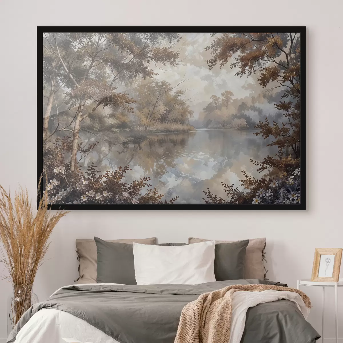 Plakāts Rudens ainava ar mierīgu ezeru, ko ieskauj koki ar košiem oranžiem un dzelteniem zaļumiem f39511