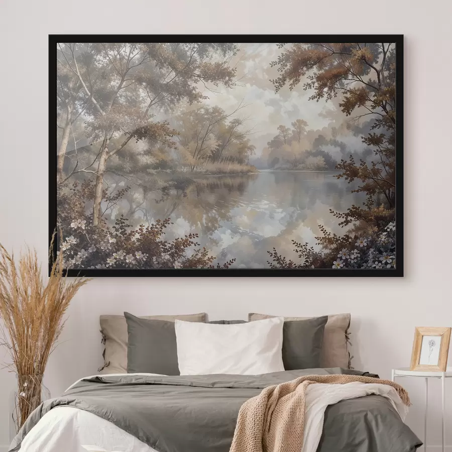 Fototapetes Rudens ainava ar mierīgu ezeru, ko ieskauj koki ar košiem oranžiem un dzelteniem zaļumiem f39511