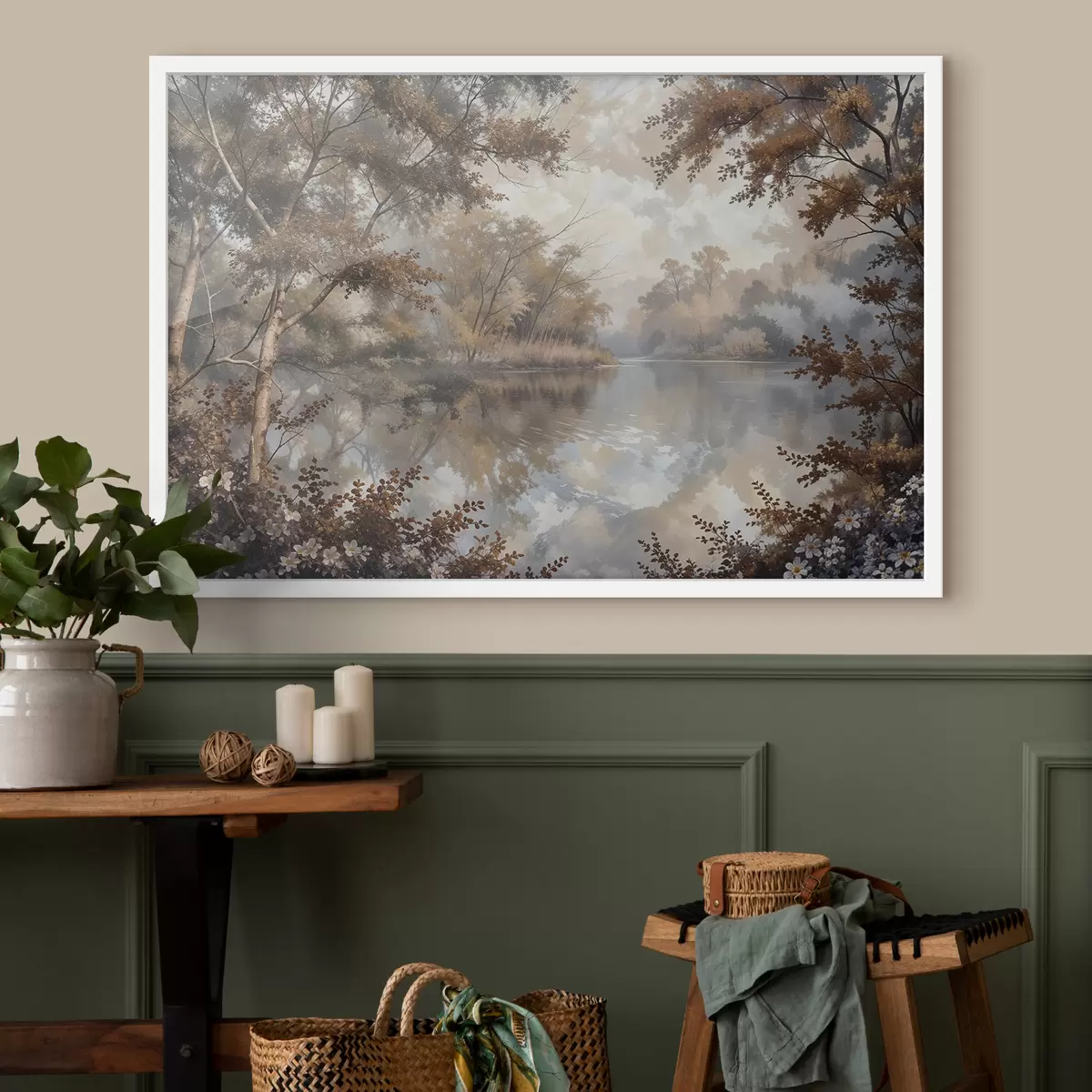 Plakāts Rudens ainava ar mierīgu ezeru, ko ieskauj koki ar košiem oranžiem un dzelteniem zaļumiem f39511