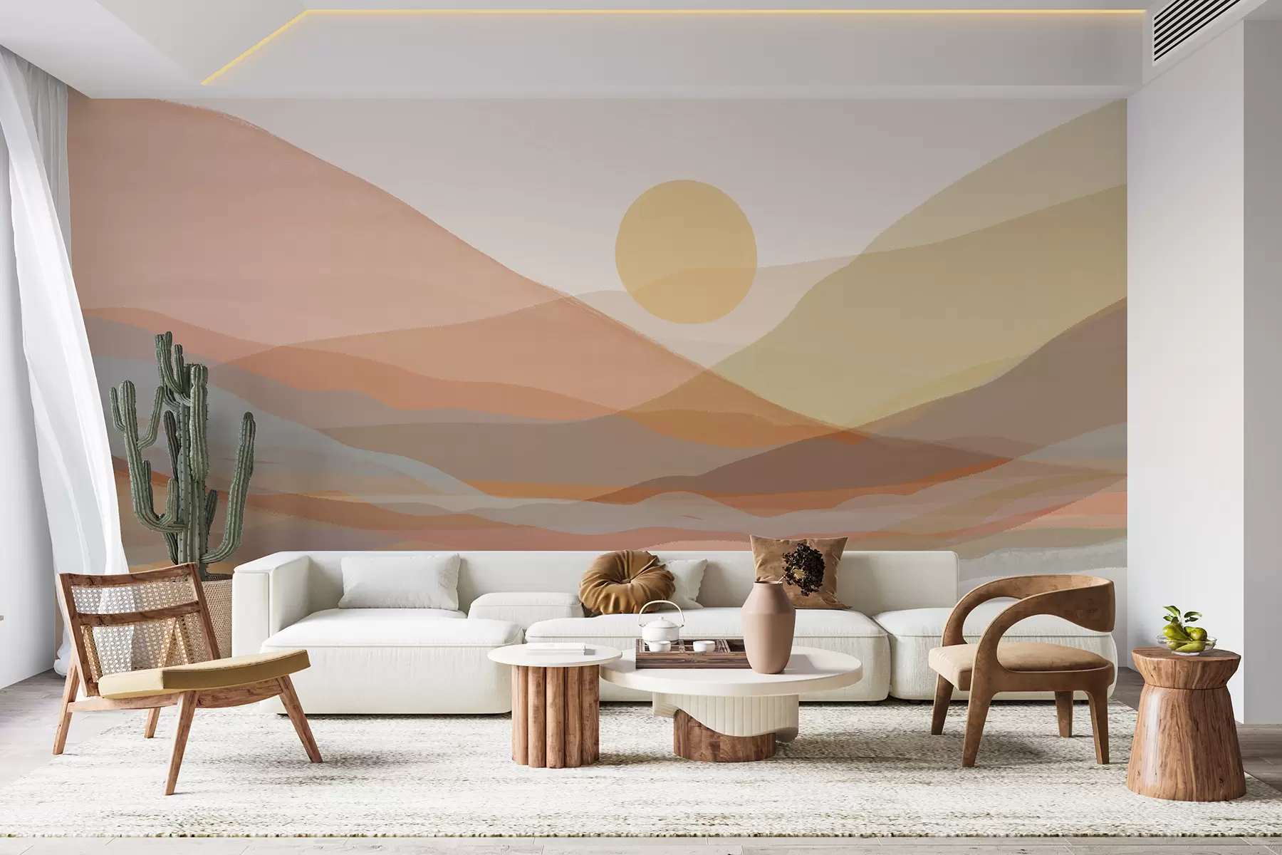 Fototapetes Kalnaina ainava ar siltu sauli debesīs, pakalniem oranžos, dzeltenos un brūnos toņos w07976