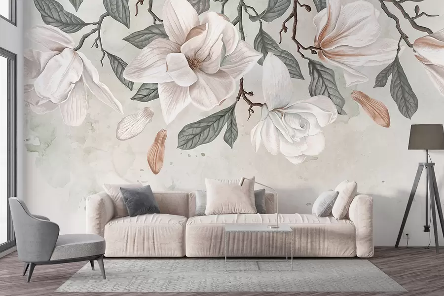 Fototapetes Smalki rozā un balti magnolijas ziedi ar zaļām lapām uz gaiša fona, maiga, ziedu kompozīcija w07977