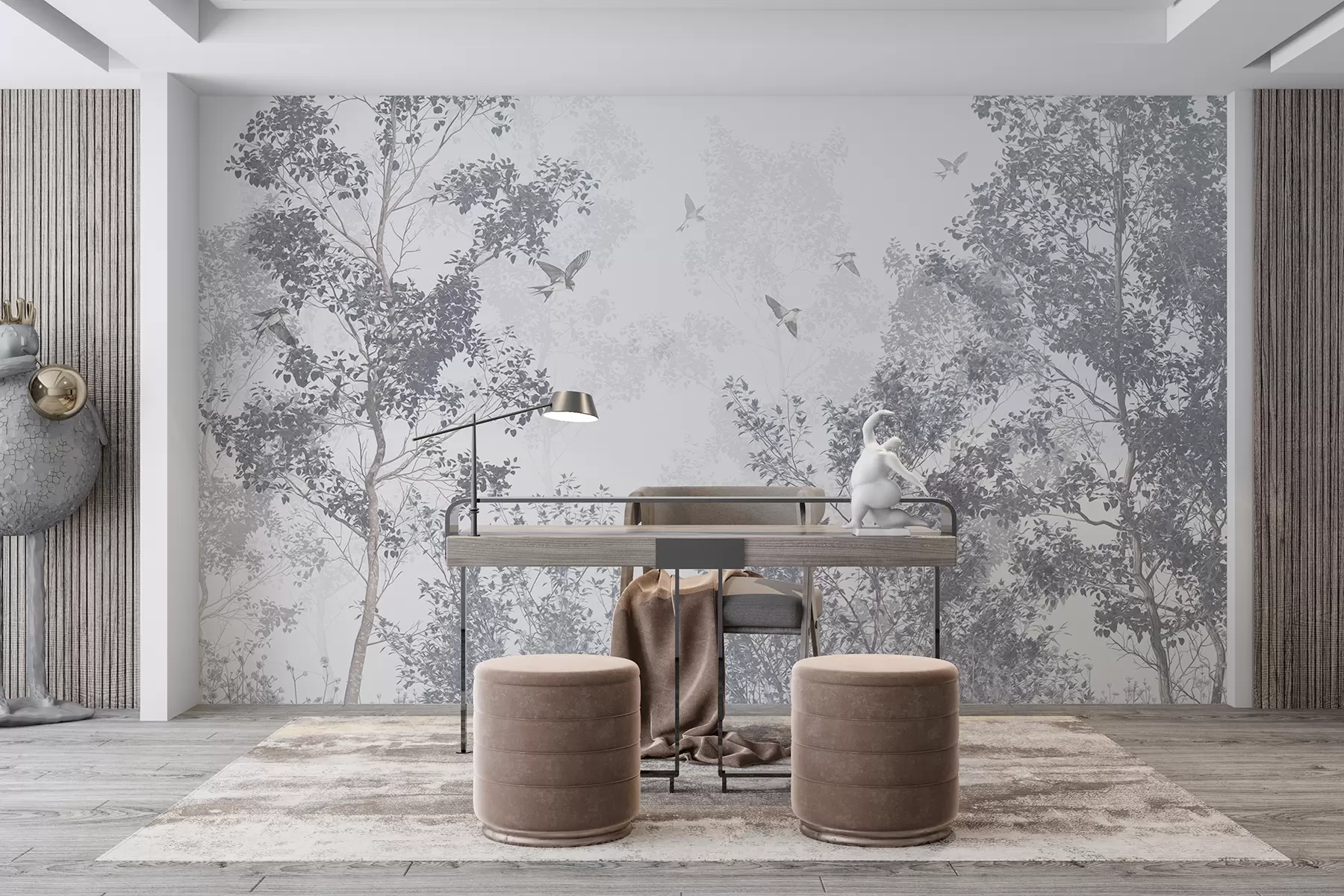 Fototapetes Koki ar pelēkām lapām un zariem ar putniem, kas lido debesīs, balts fons w07982v1