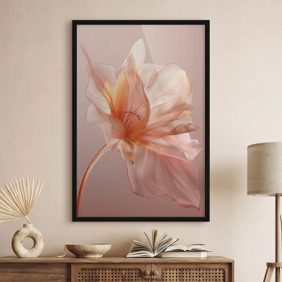 Fototapetes Persiku ziedlapiņa uz rozā fona ar plūstošām līnijām, minimālismu un smalkām detaļām f39631