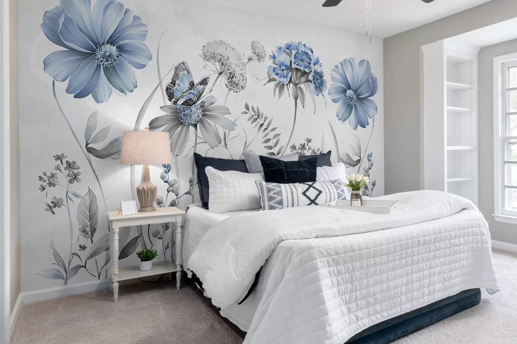 Fototapetes Lieli, smalki ziedi un augi ar tauriņu w07905v2