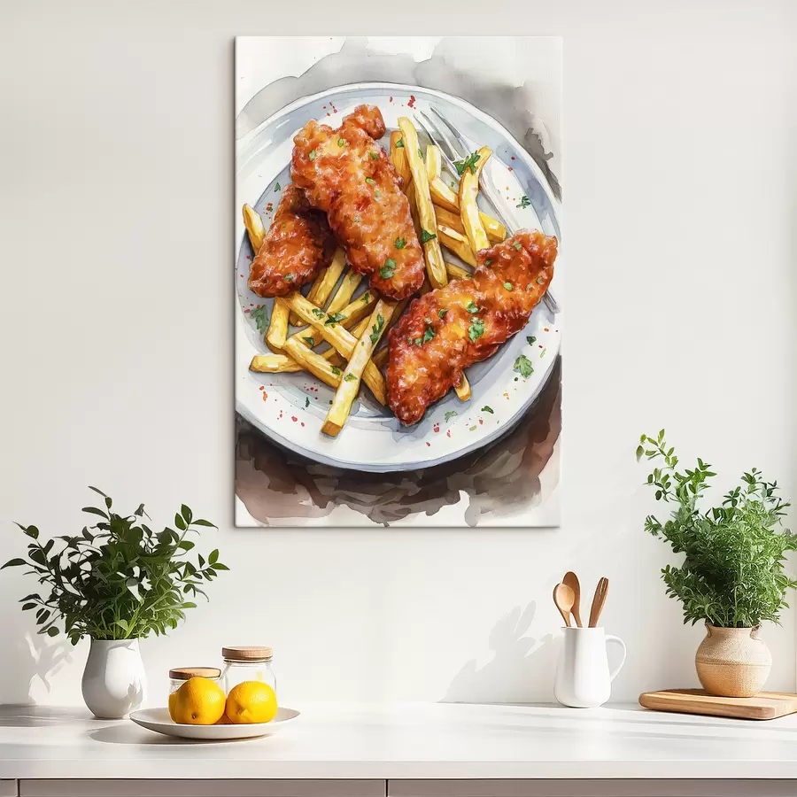 Glezna Akvareļu ēdienu māksla, frī kartupeļi ar ceptu vistu, garšīgi  s39708