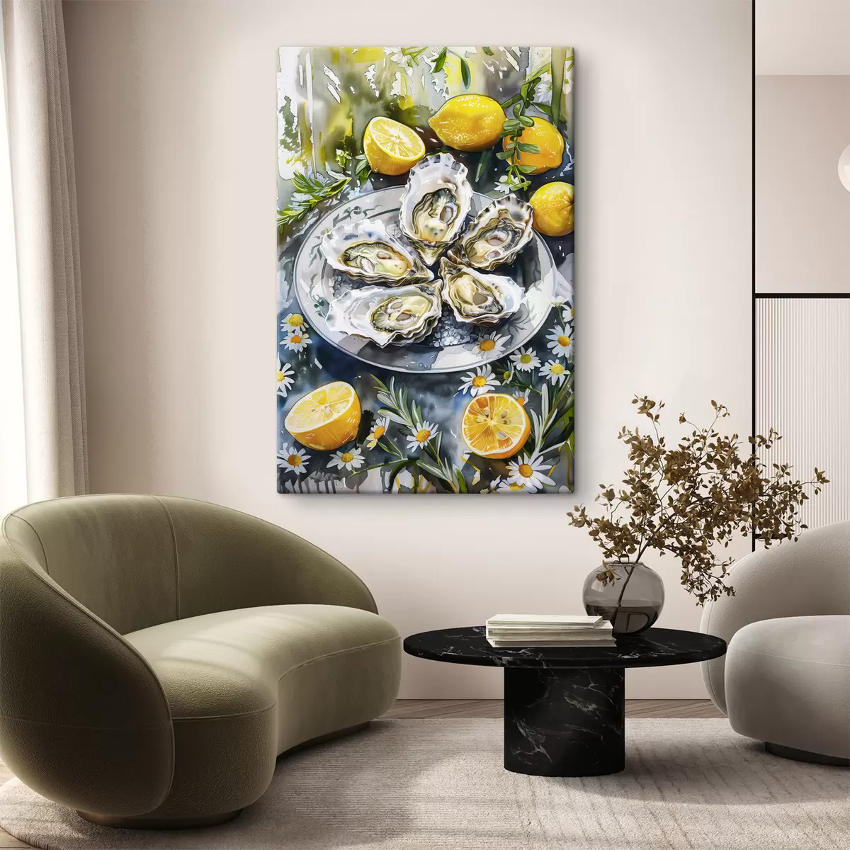 Glezna Elegantas austeres uz šķīvja, citroni un ziedi, vasaras krāsas, vidusjūras s39710