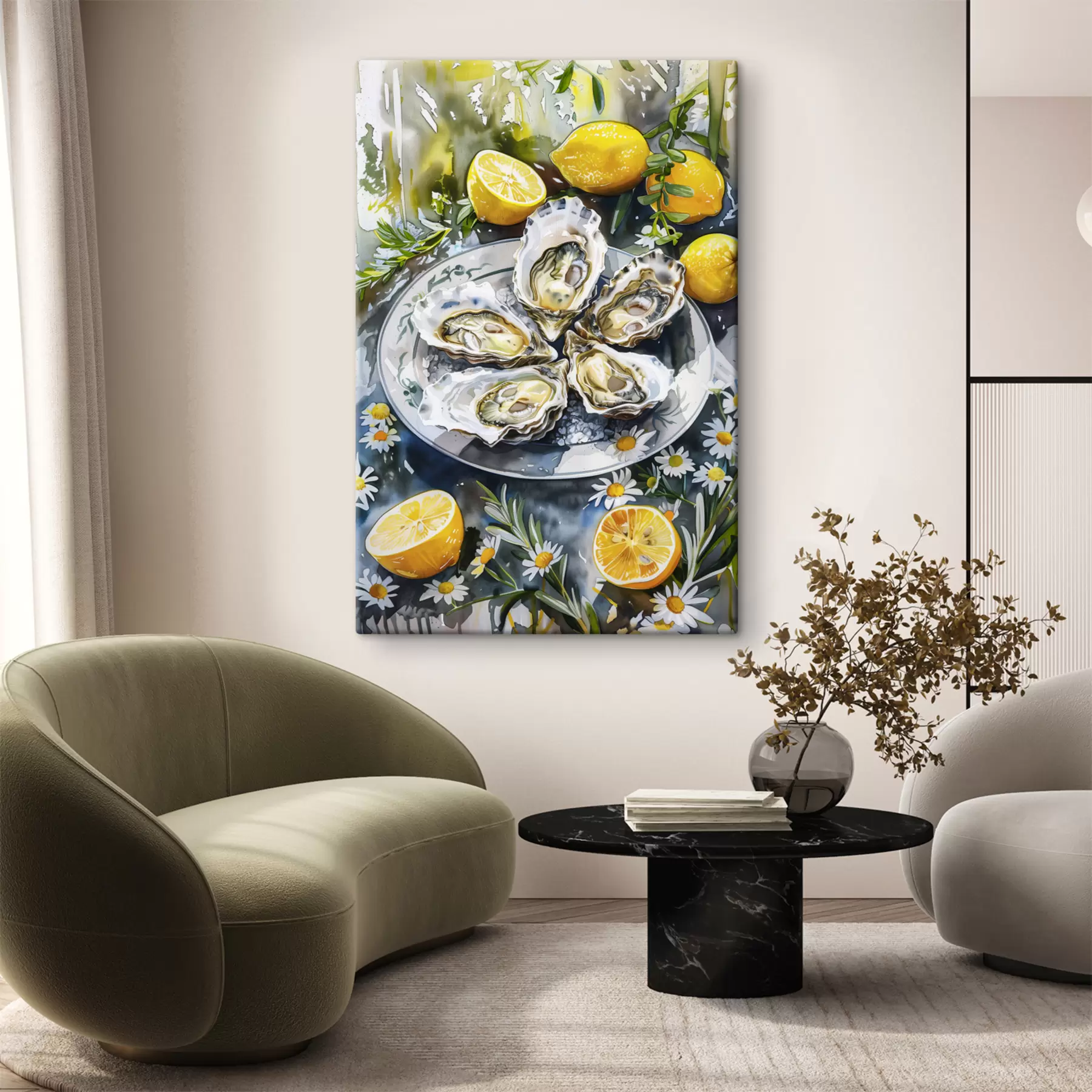 Fototapetes Elegantas austeres uz šķīvja, citroni un ziedi, vasaras krāsas, vidusjūras s39710