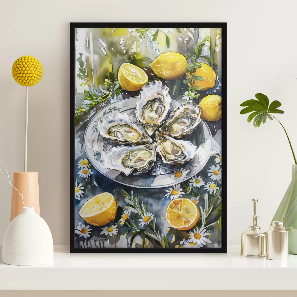 Plakāts Elegantas austeres uz šķīvja, citroni un ziedi, vasaras krāsas, vidusjūras f39710