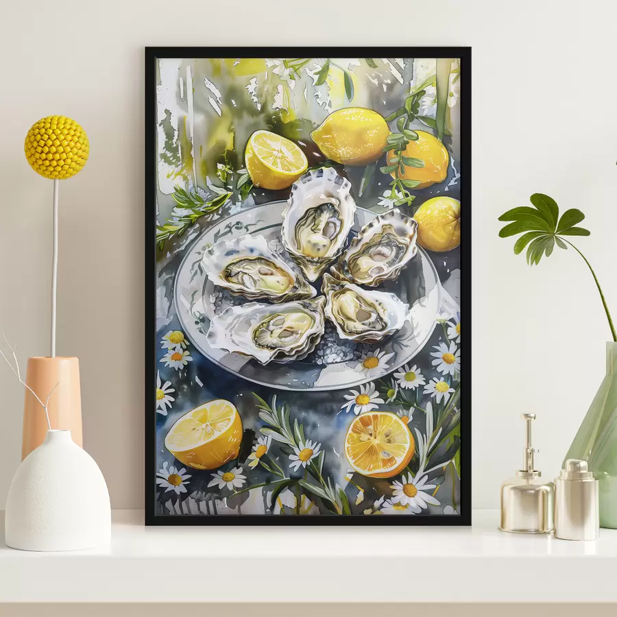 Fototapetes Elegantas austeres uz šķīvja, citroni un ziedi, vasaras krāsas, vidusjūras f39710