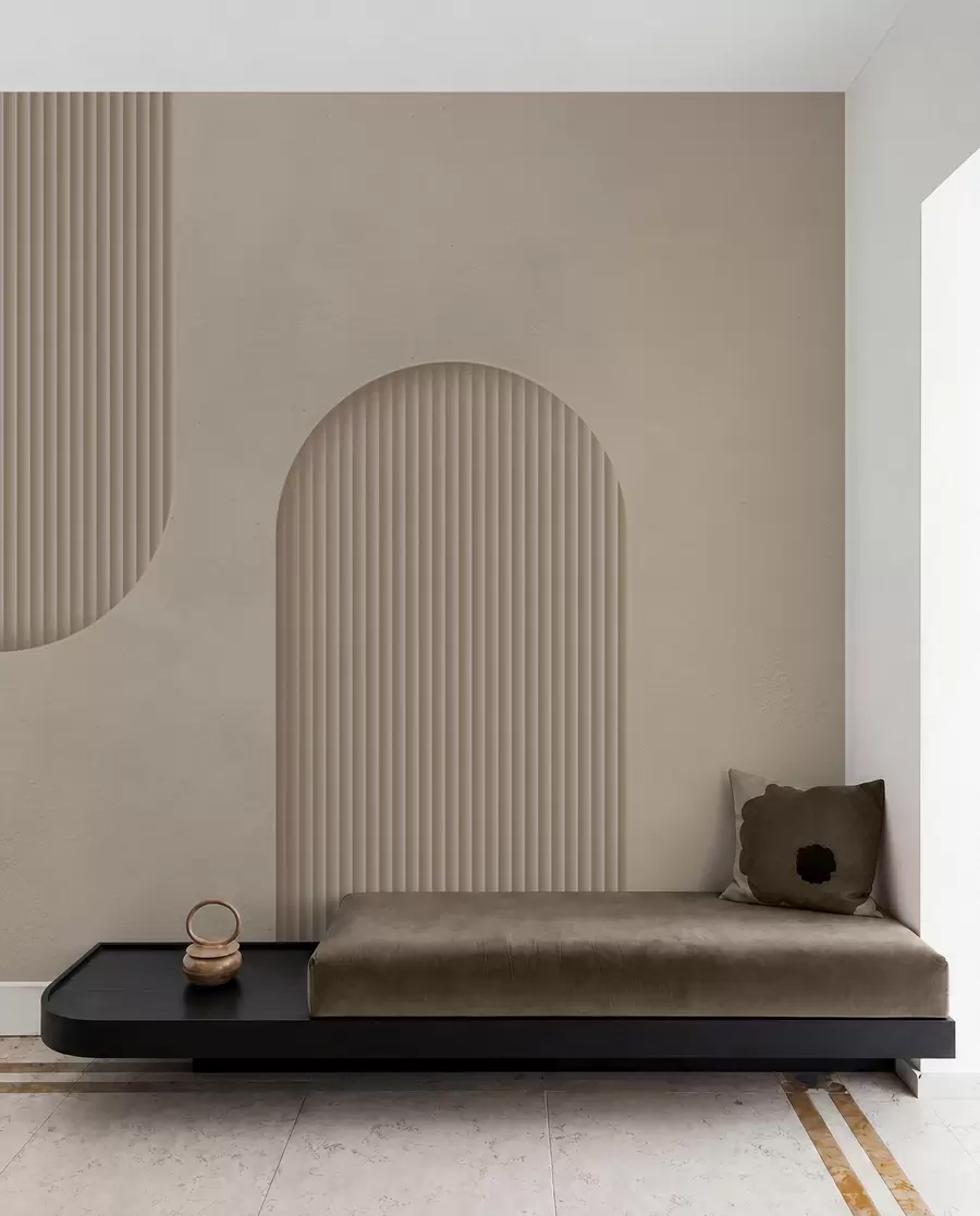 Fototapetes Art Deco tekstūras tapetes siltos smilškrāsas toņos. Tilpuma arku imitācija    w08048