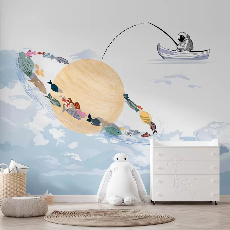 Glezna Astronauta mēness un zivis zilā krāsā w00869