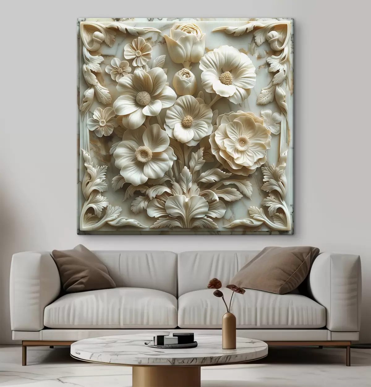 Glezna 3D balti bareljefa ziedi uz marmora fona ar rāmi s39739