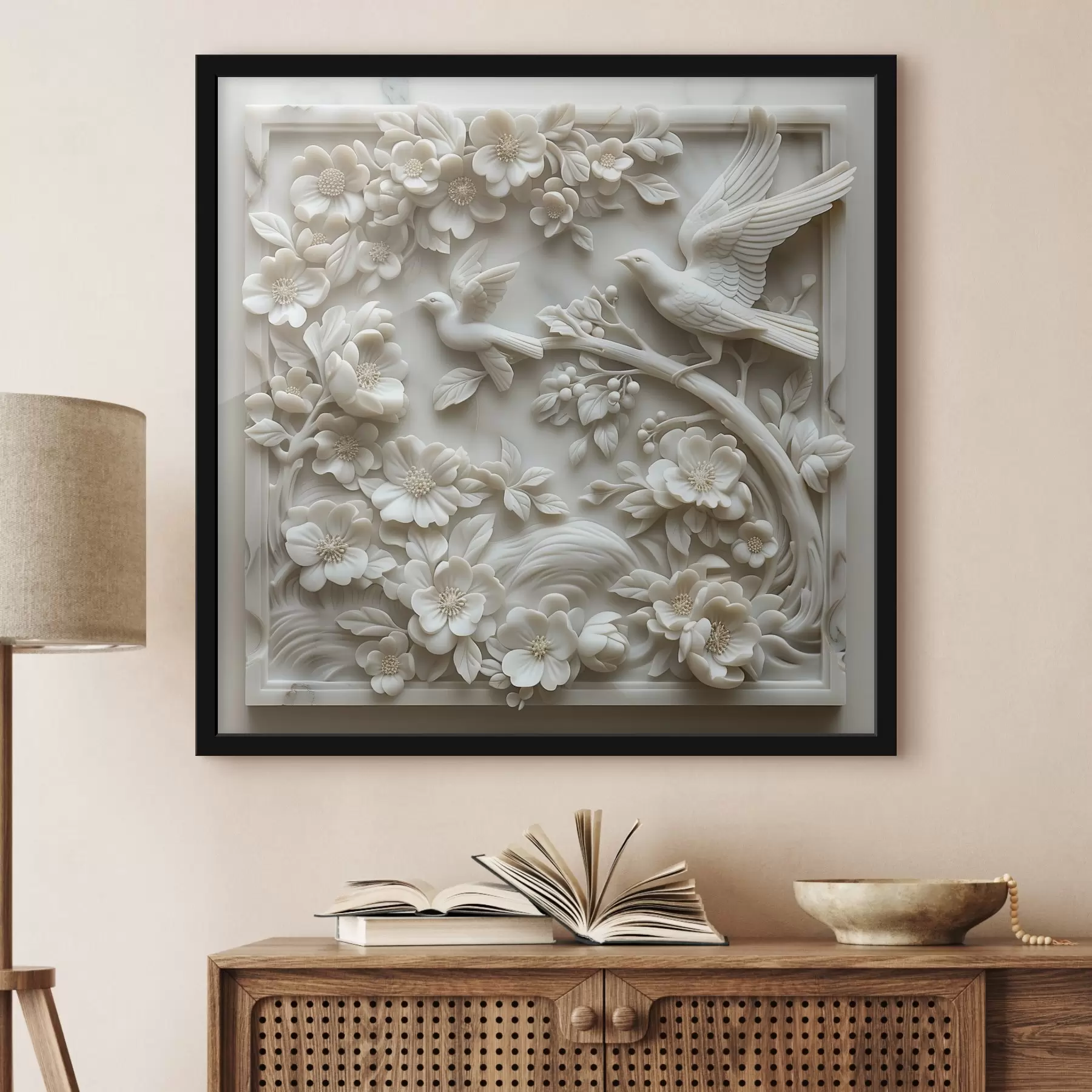 Fototapetes Balts marmora dārzs ar putnu un ziedu reljefiem f39728