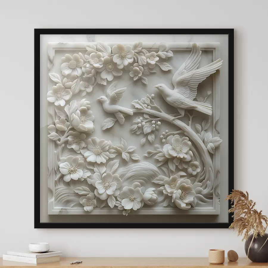 Glezna Balts marmora dārzs ar putnu un ziedu reljefiem f39728