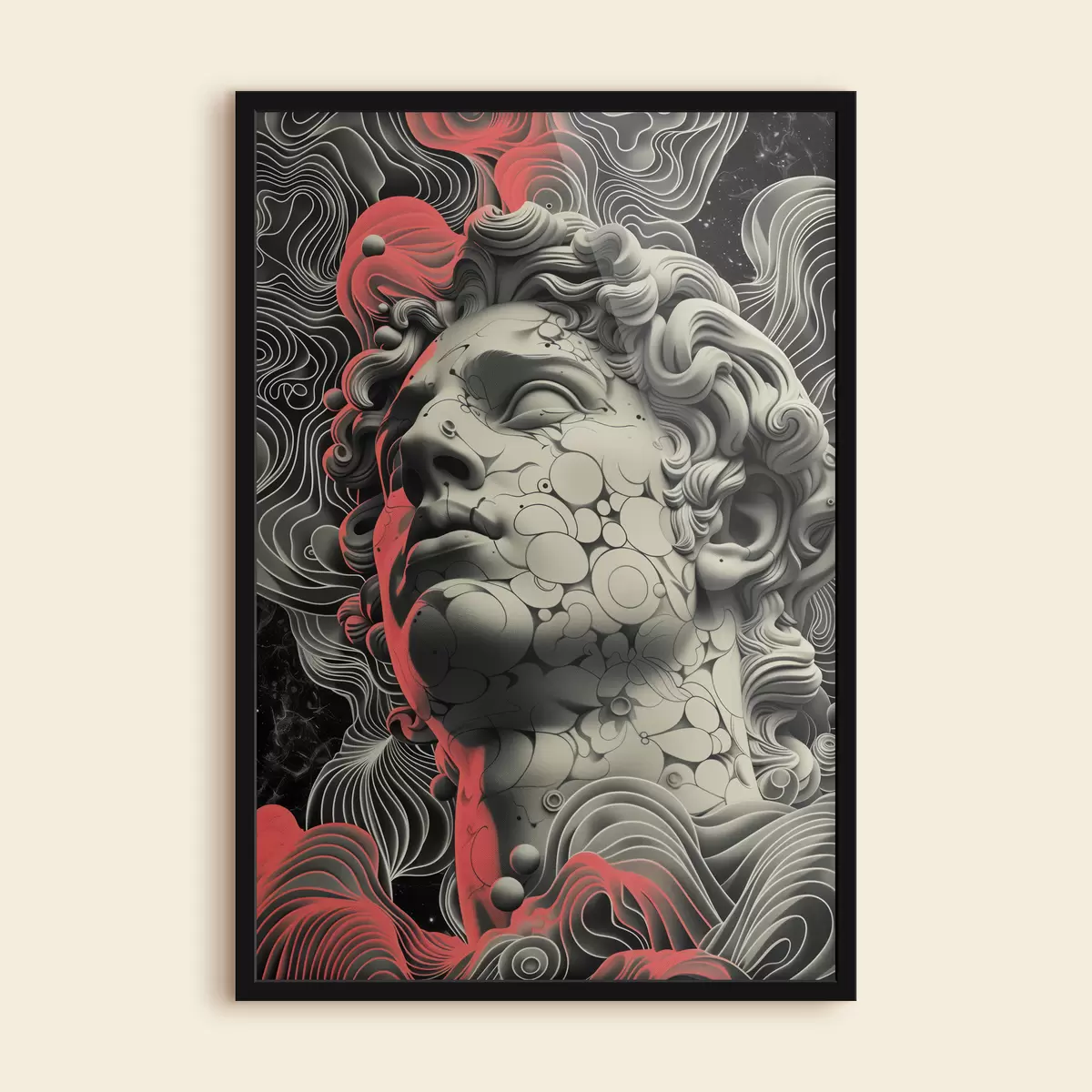 Plakāts Melnbalta lineāra grieķu dieva Apollona galvas ilustrācija popmākslas stilā f39763