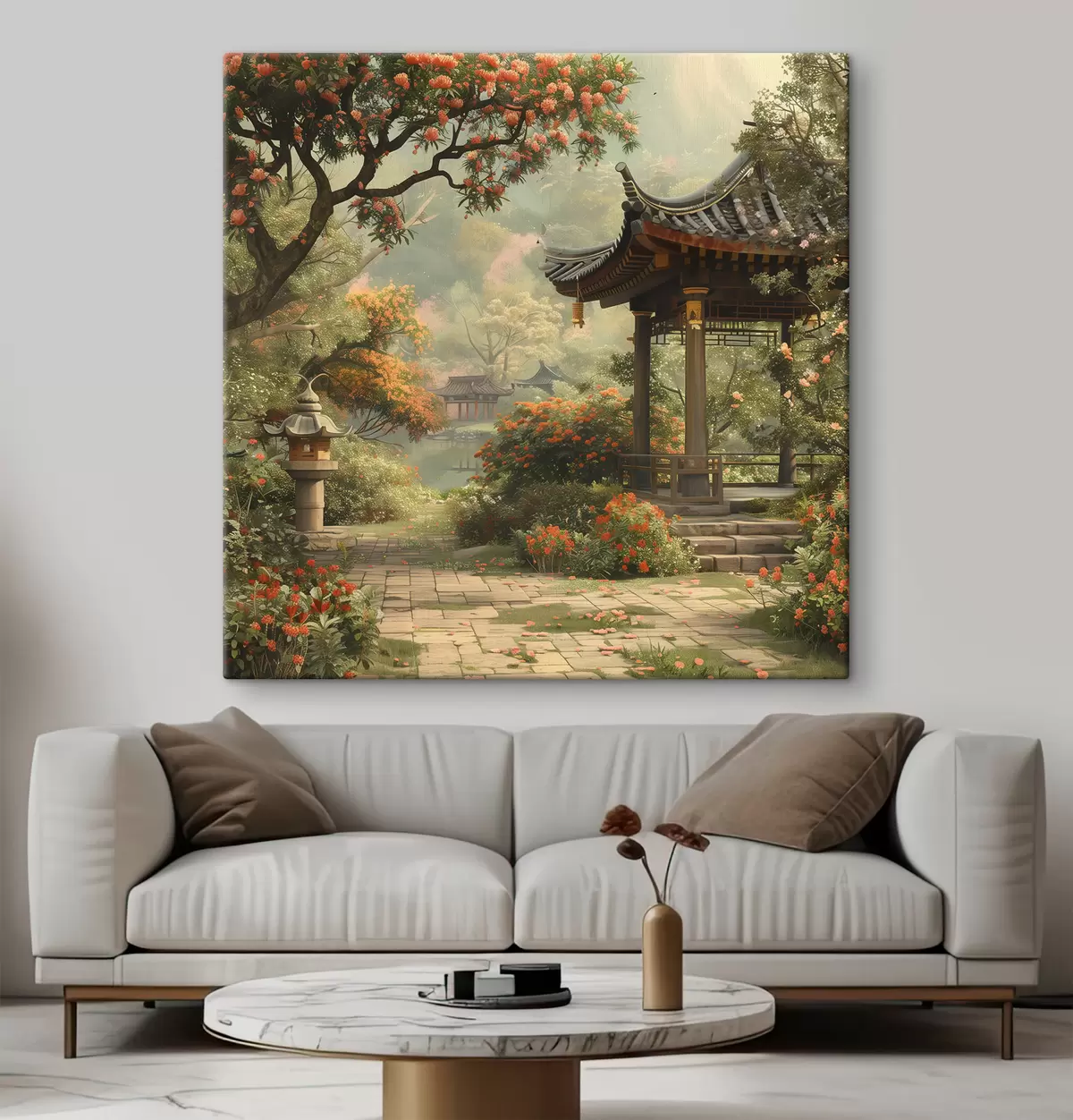 Glezna Japāņu parks ar ziedošiem kokiem un ziediem, mežs, dārza māja, ezers s39772