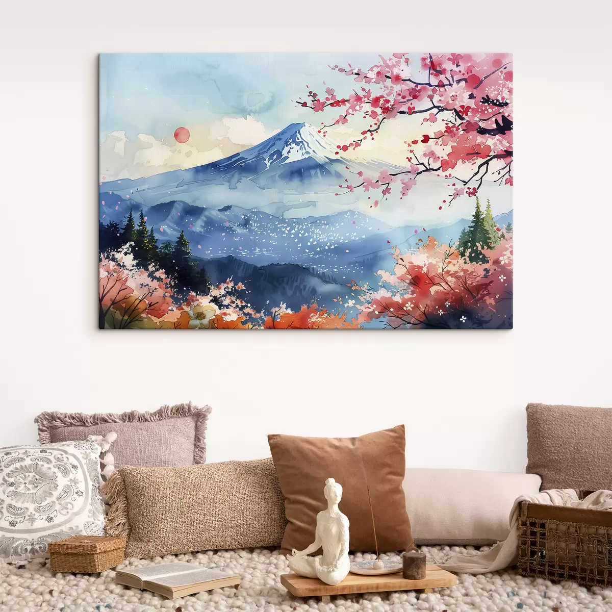 Glezna Fudži kalnu ainava, austrumu daba, ķiršu koki, saulriets s39775