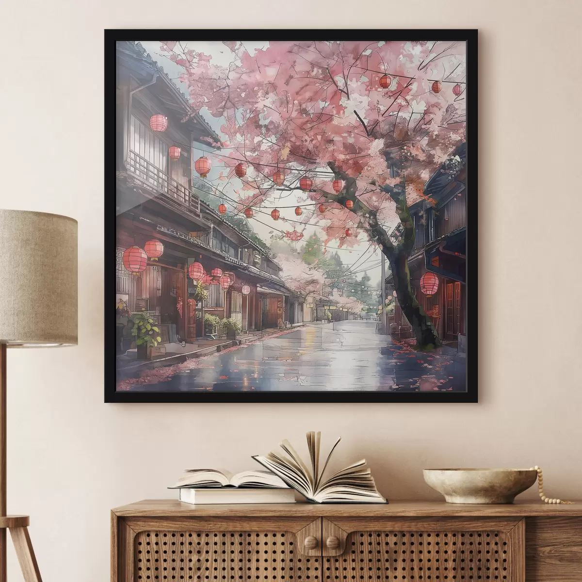 Plakāts Japāņu iela ar ziedošiem ķiršu kokiem, austrumu arhitektūru, laternām f39774