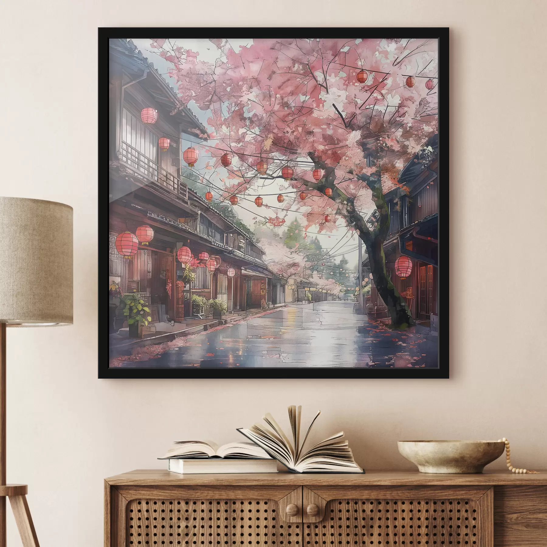 Fototapetes Japāņu iela ar ziedošiem ķiršu kokiem, austrumu arhitektūru, laternām f39774