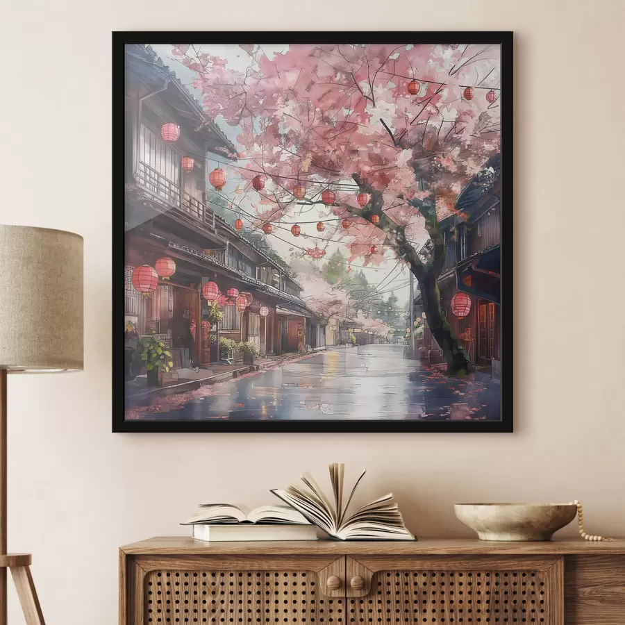 Fototapetes Japāņu iela ar ziedošiem ķiršu kokiem, austrumu arhitektūru, laternām f39774