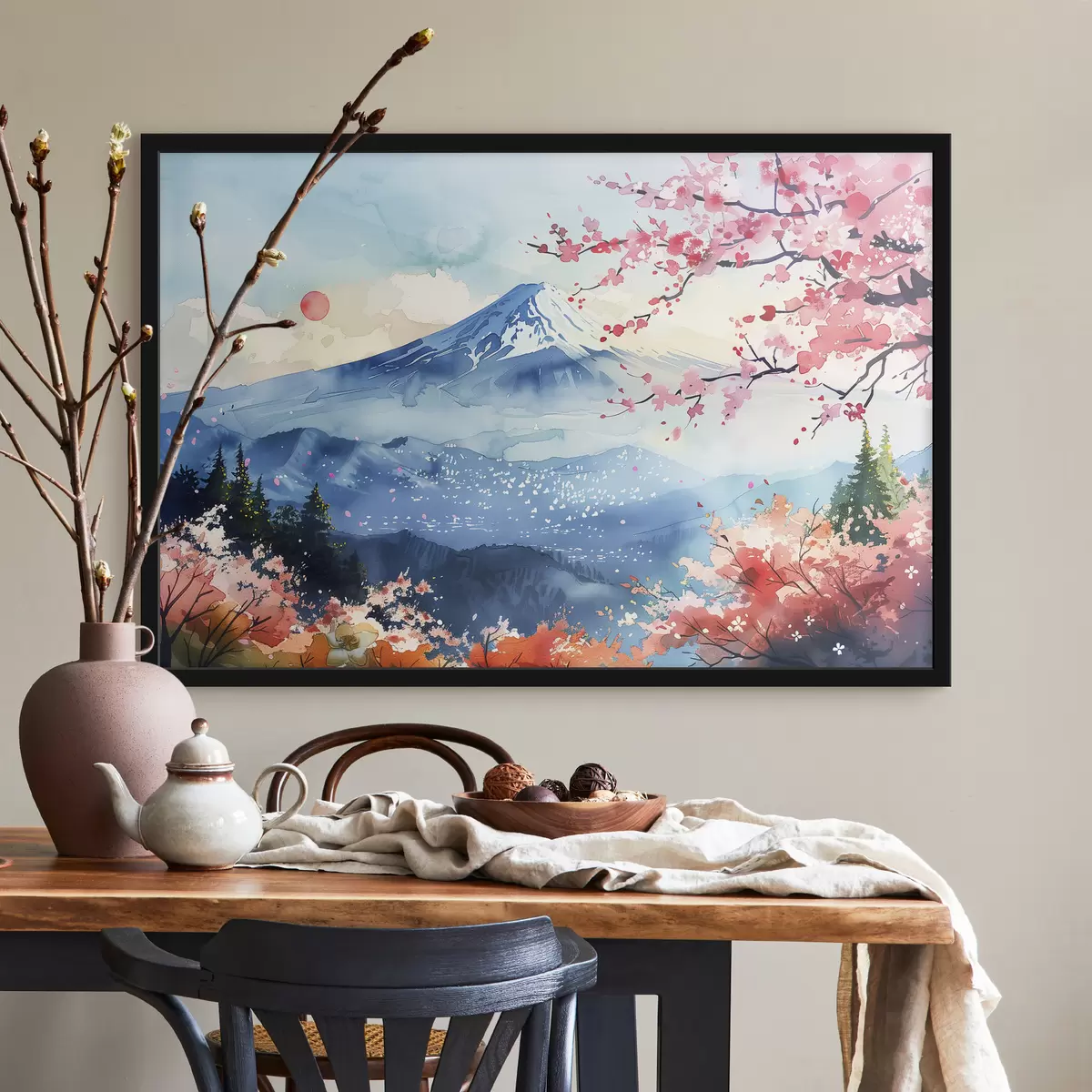 Plakāts Fudži kalnu ainava, austrumu daba, ķiršu koki, saulriets f39775