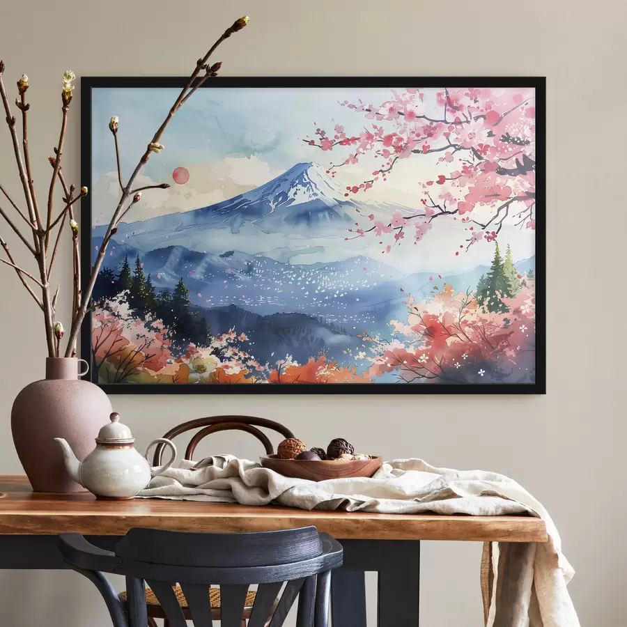 Fototapetes Fudži kalnu ainava, austrumu daba, ķiršu koki, saulriets f39775