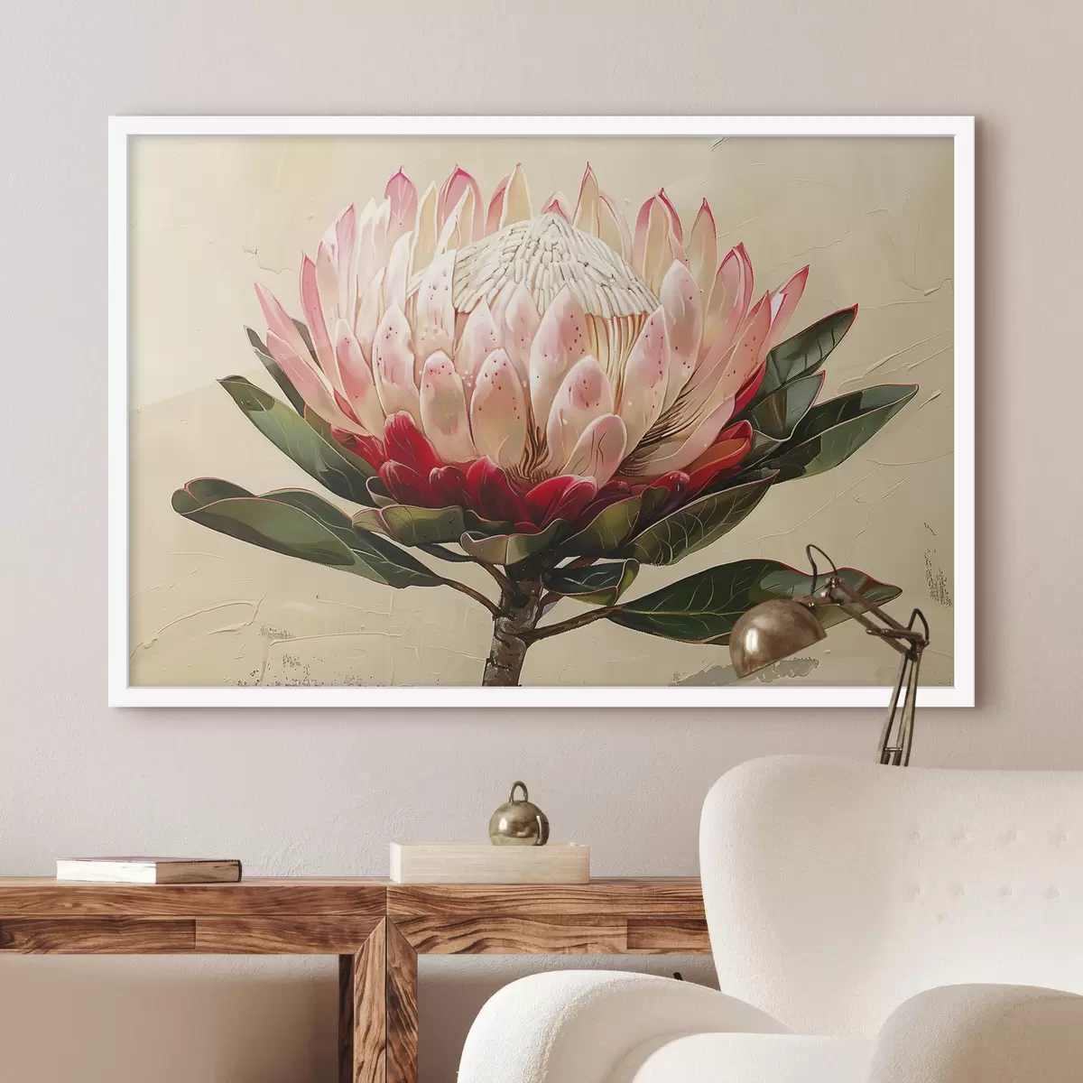 Plakāts Protea zieds, akrila zīmējums, ziedu, maigas dabas krāsas f39780