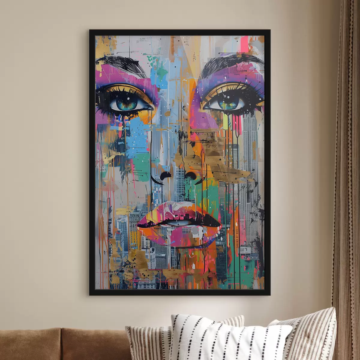 Plakāts Zilas acis un skats uz pilsētu f39800