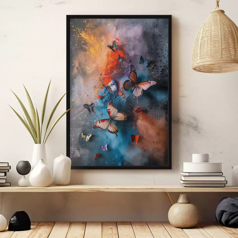 Fototapetes Tauriņi uz krāsas šļakatu fona f39803