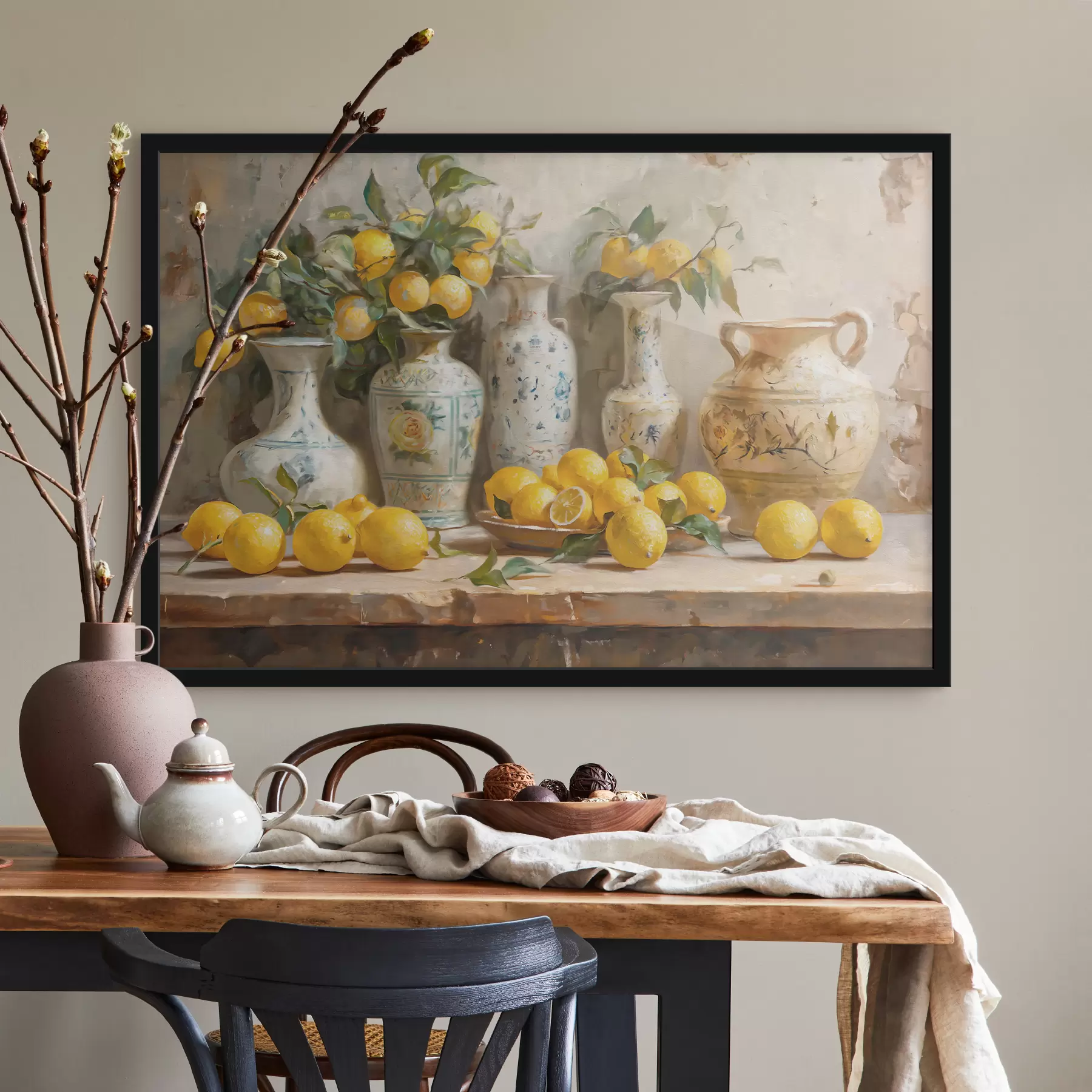 Glezna Citroni un vintage vāzes uz galda f39833