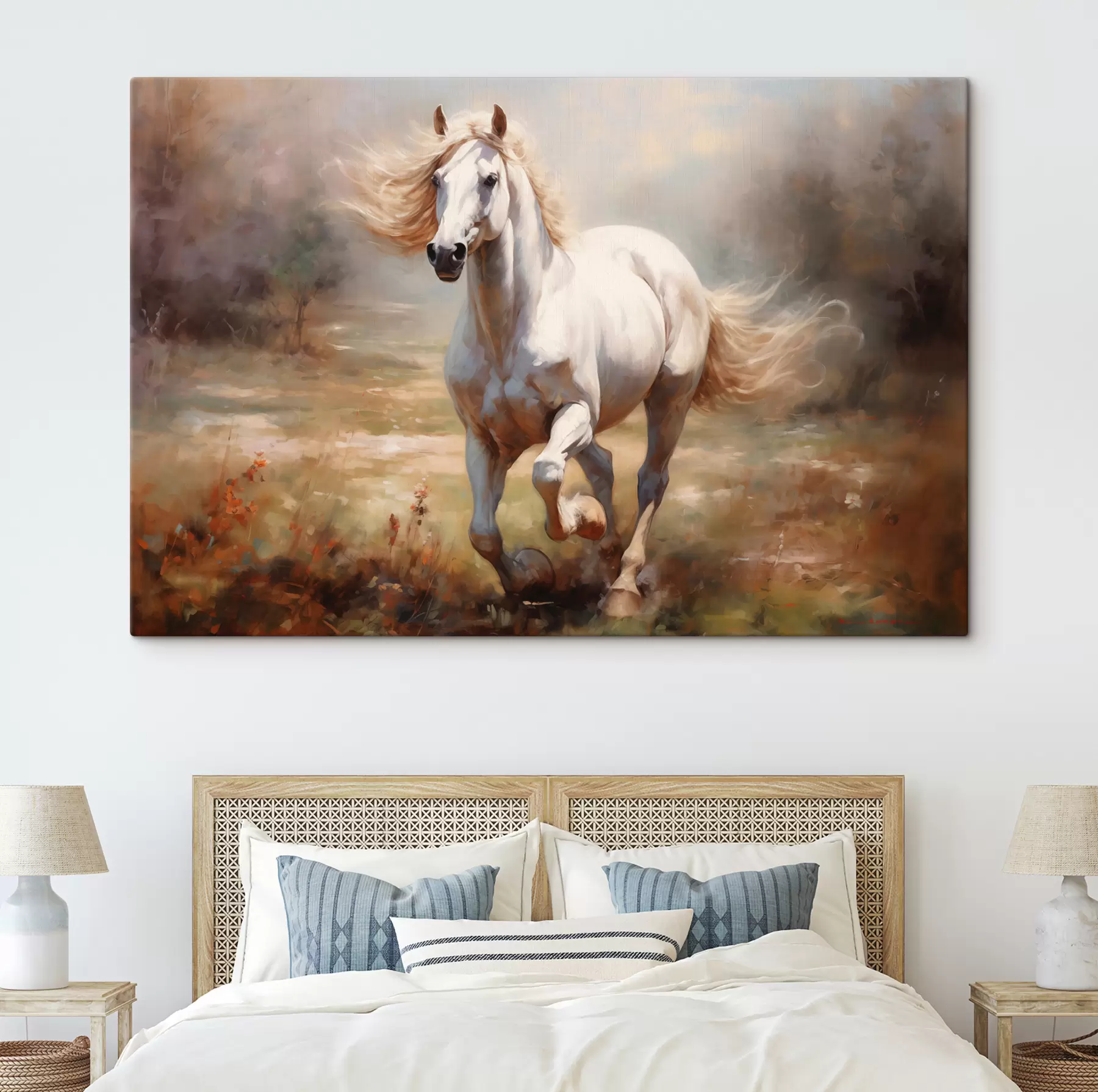 Fototapetes Balts zirgs, kas auļo pa pļavu, eļļas glezna s39818