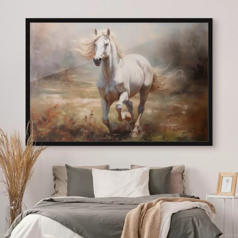 Fototapetes Balts zirgs, kas auļo pa pļavu, eļļas glezna f39818