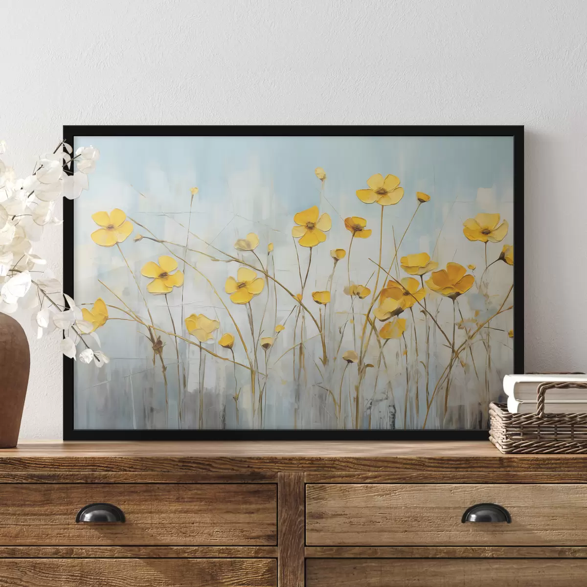 Plakāts Dzelteni mazi ziedi uz gara kāta eļļas gleznas f39823