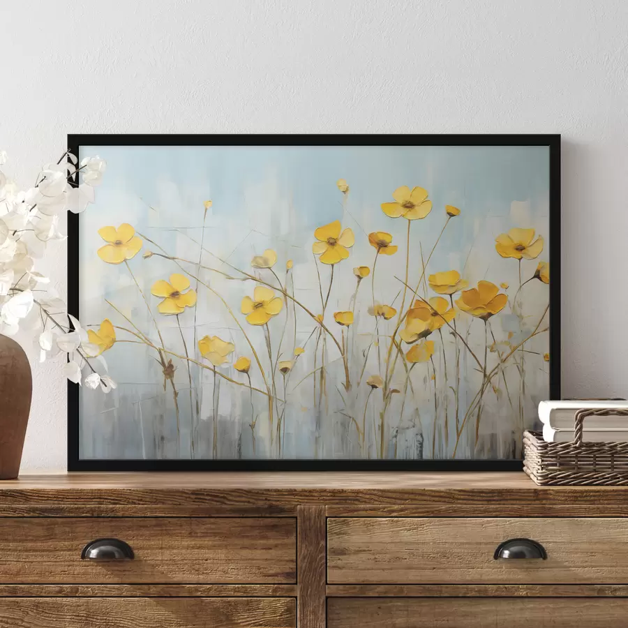 Fototapetes Dzelteni mazi ziedi uz gara kāta eļļas gleznas f39823