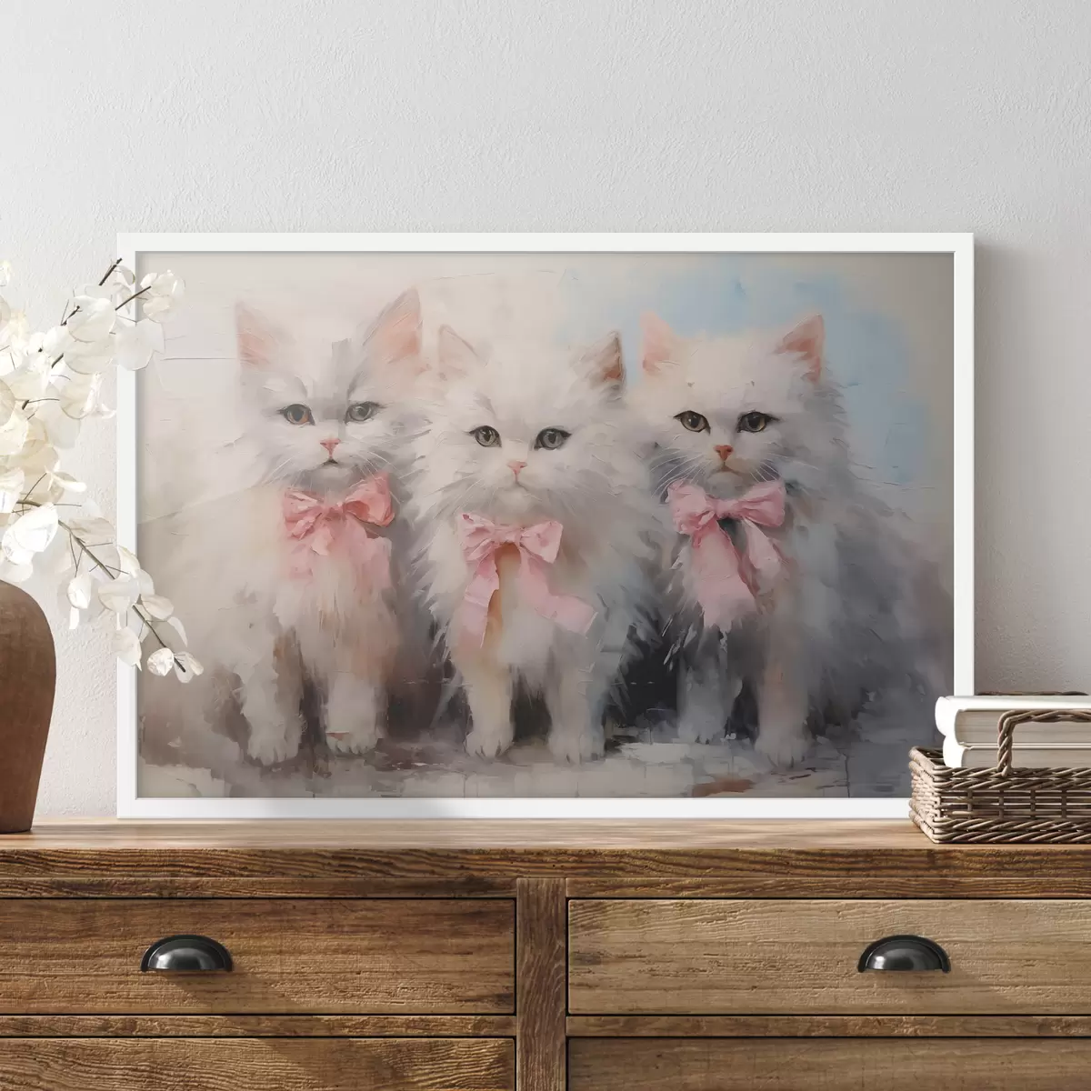 Plakāts Balti kaķi ar rozā bantēm eļļas glezna f39826