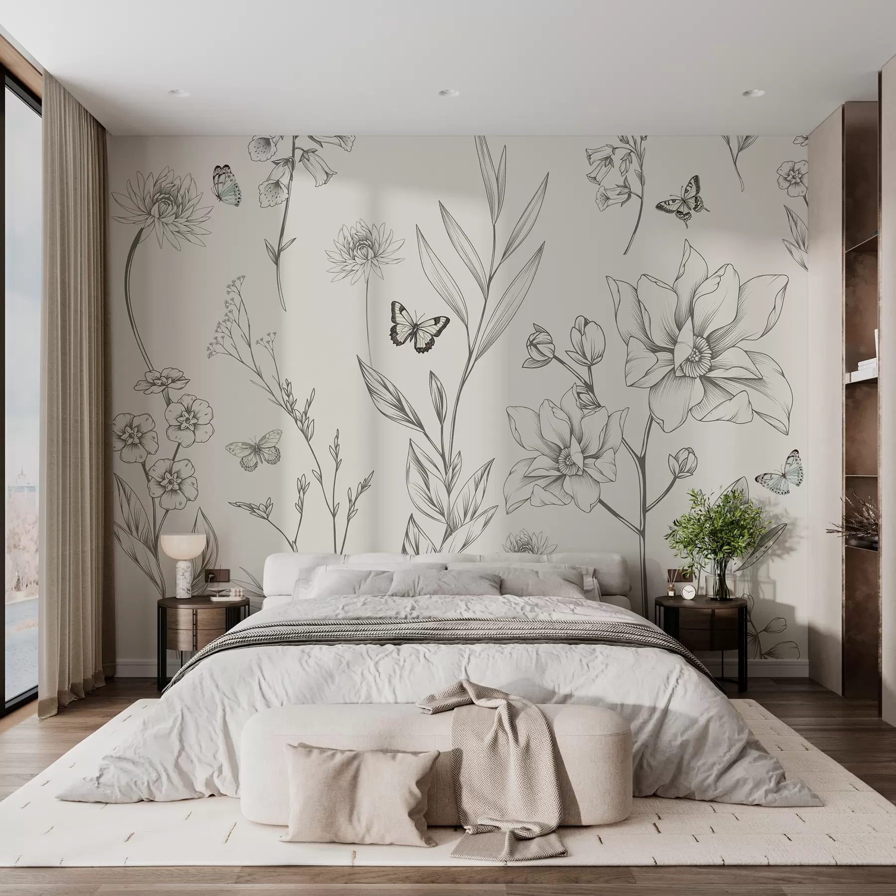 Fototapetes Boho vienkrāsaini ziedi un tauriņi w08088
