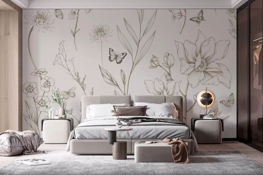 Fototapetes Boho vienkrāsaini ziedi un tauriņi bēšā krāsā w08088v1